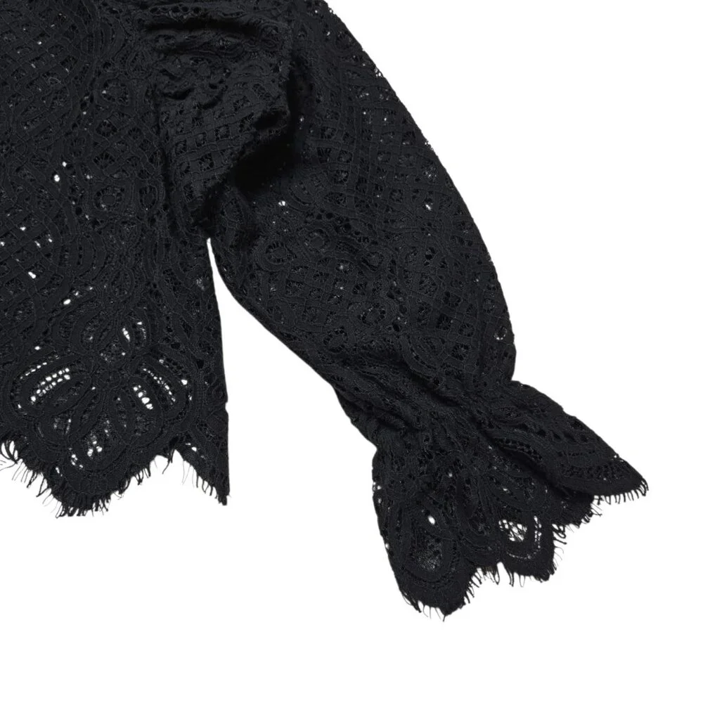 Zara‎ Crop Top Women Medium Black Sheer Open Knit Bell Sleeve Whimsigoth Ruffle